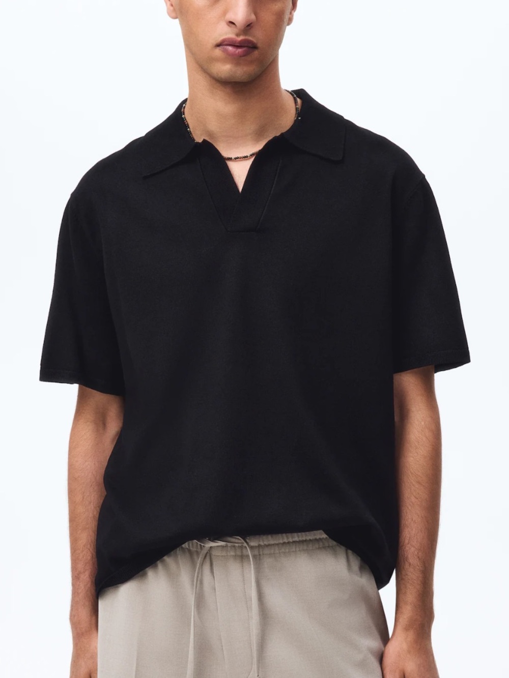 Denim & Flower Black Short-Sleeve Polo with Open V Collar
